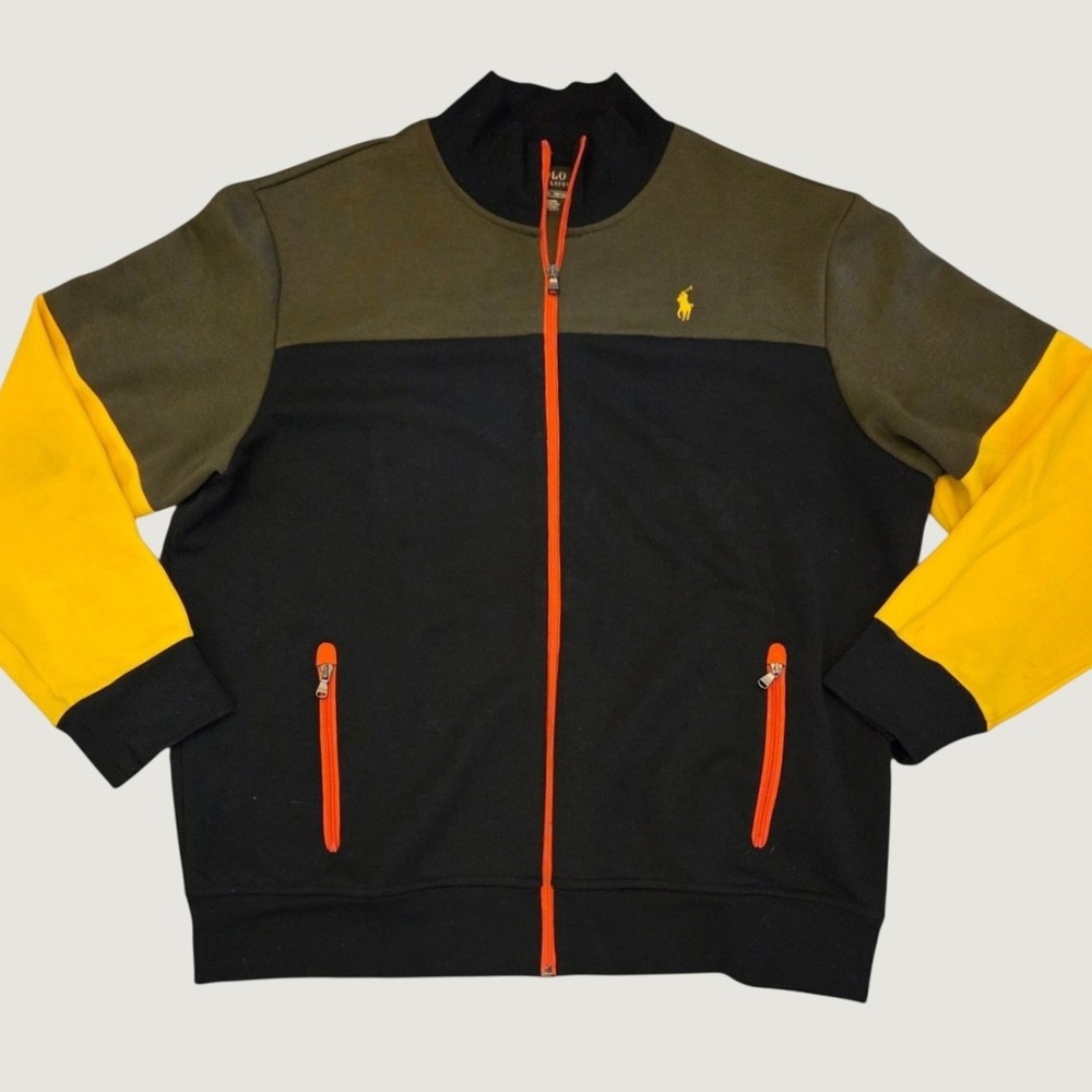 Polo Ralph Lauren RL67 Full Zip Colorblock Track Jacket Black Olive Yellow SZ XL